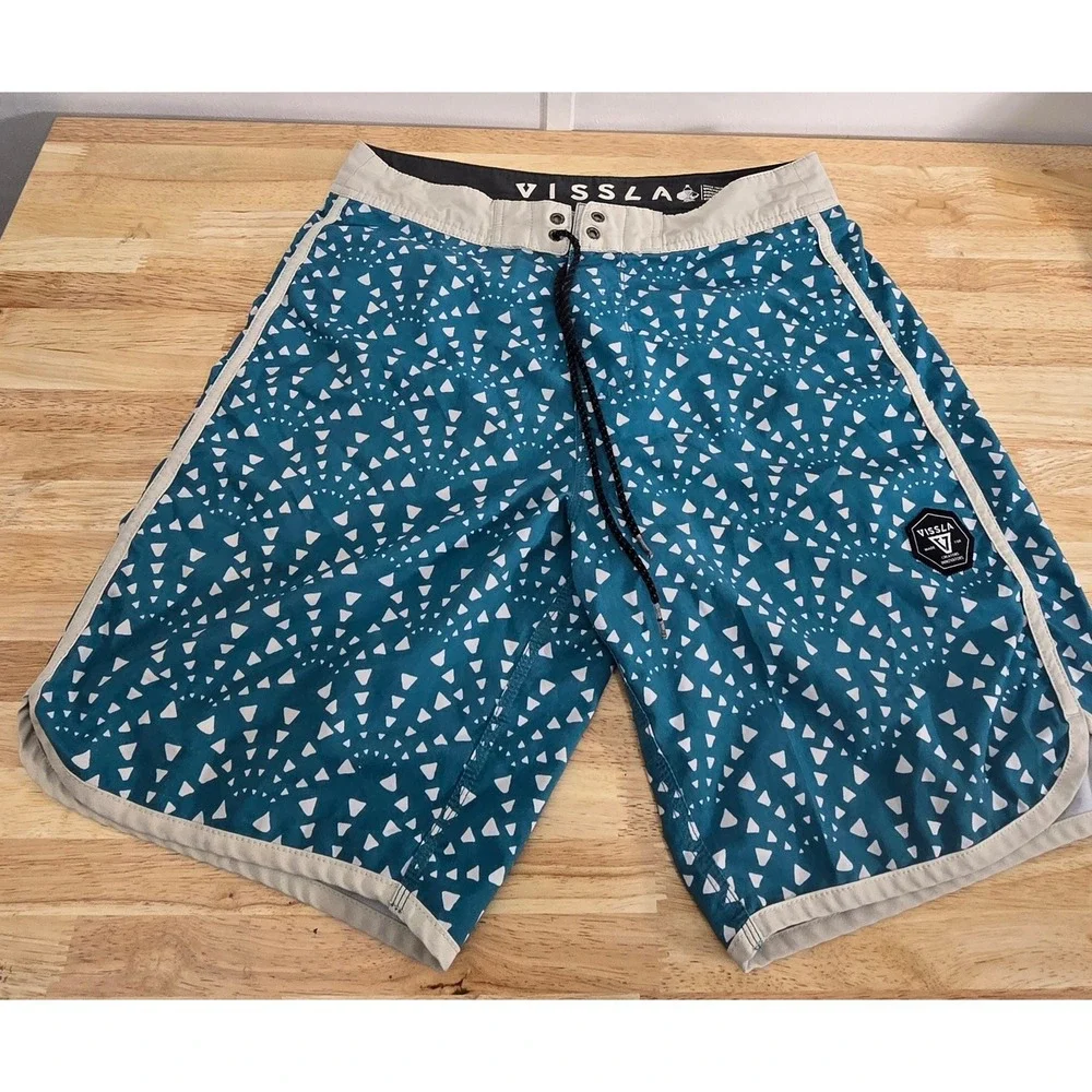 Vissla Boardshorts Size 30 Teal Geometric Surf Swim Shorts Eco Coconut Fiber‎